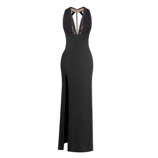 Halter Lace Bustier Maxi Dress Black HV0153