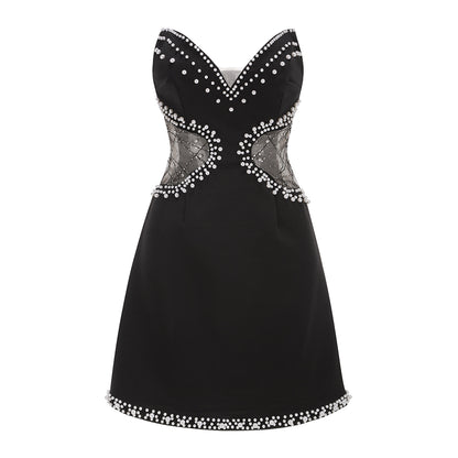 Strapless Pearl Sequin Crystal A Line Dress Black HV1772