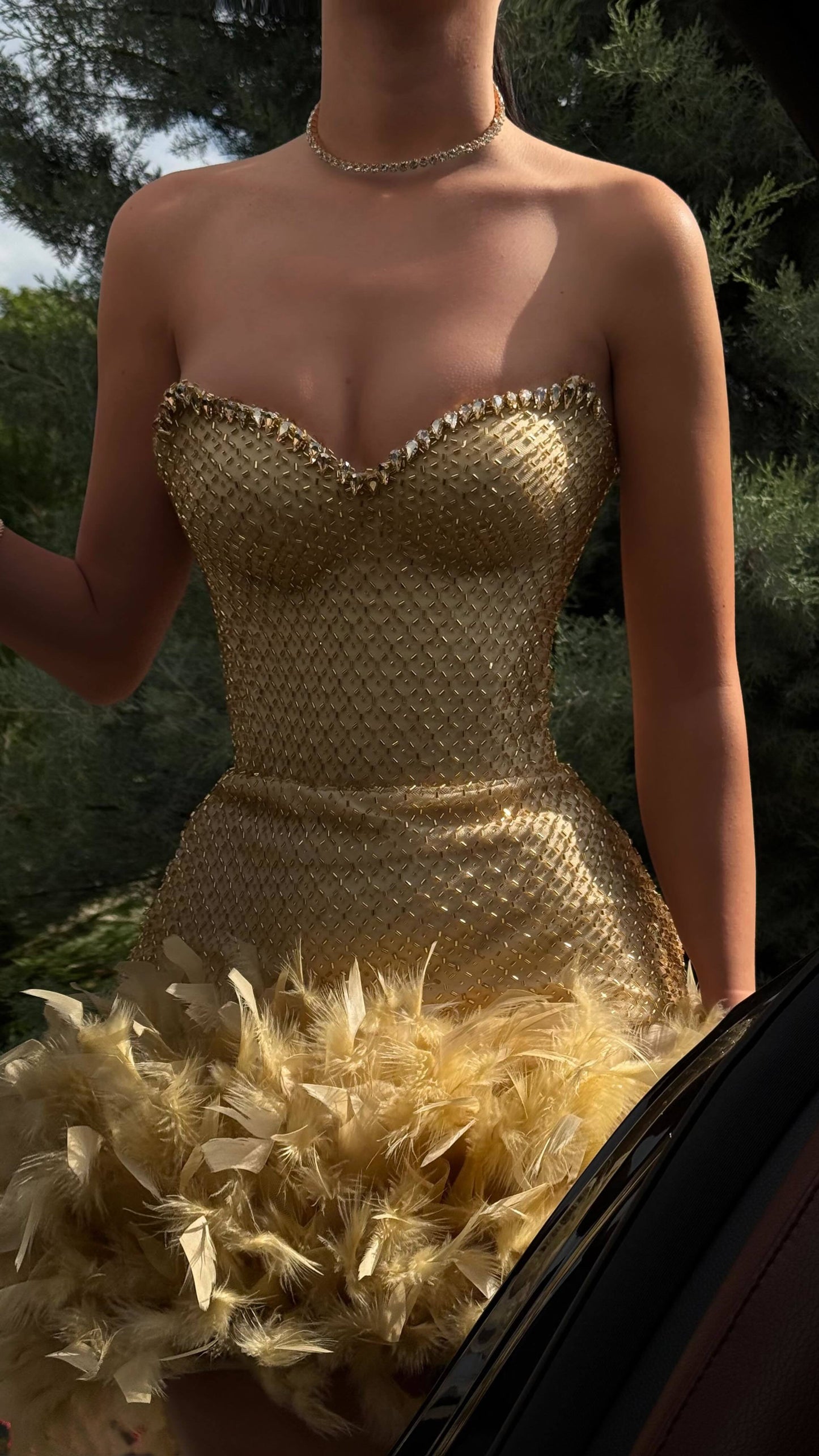 Crystal Strapless Feather Dress Gold HV2700