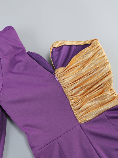 One Sleeve Ruched Dress Purple Gold