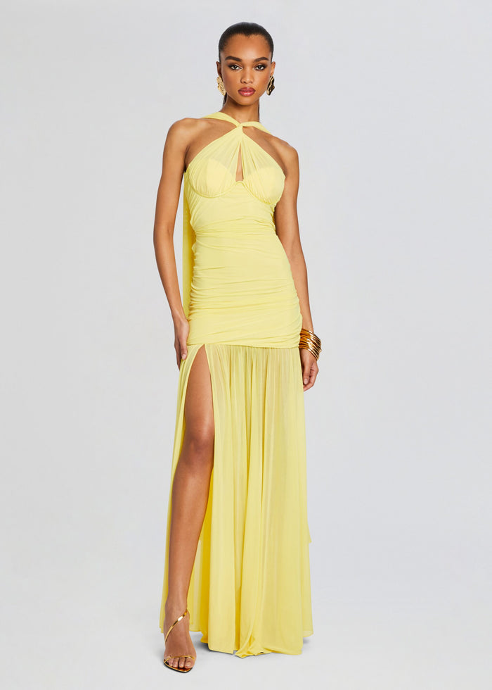 Halter Bustier Ruched Maxi Dress Yellow HV1648