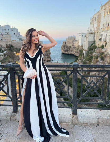 Floral Detail Corset A Line Maxi Dress Black White HV2535