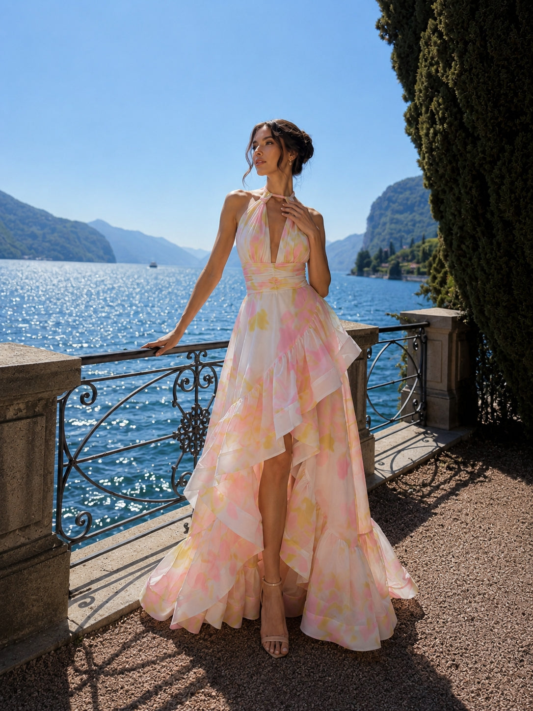 Halter Floral Ruffle Maxi Dress Pink Yellow HV3140