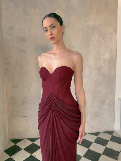 Strapless Draped Maxi Dress Burgundy HV2692