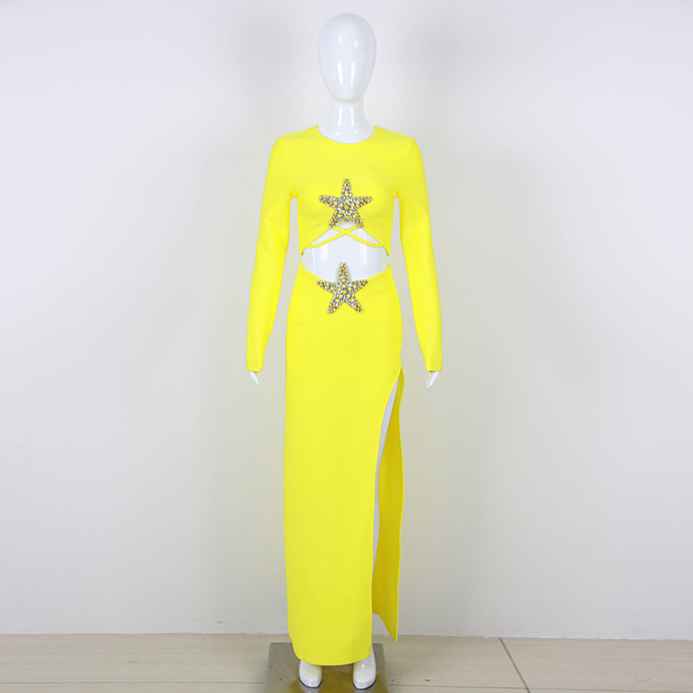 Long Sleeve Star Detail Two Piece Maxi Dress Yellow  HV9902