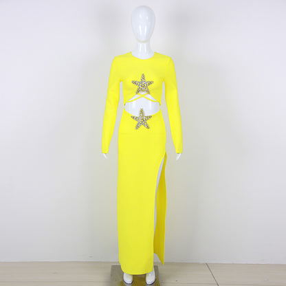 Long Sleeve Star Detail Two Piece Maxi Dress Yellow  HV9902