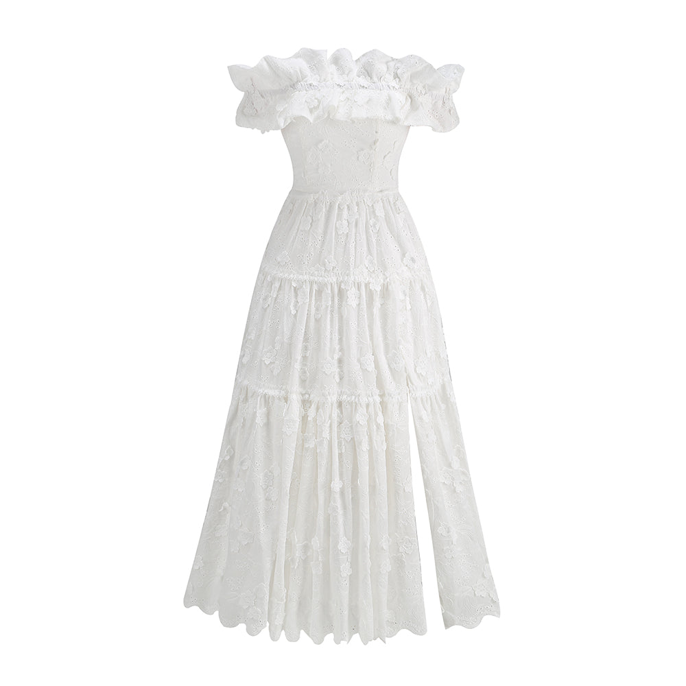 Ruffle Bardot A Line Midi Broderie Anglaise Dress White HV1407