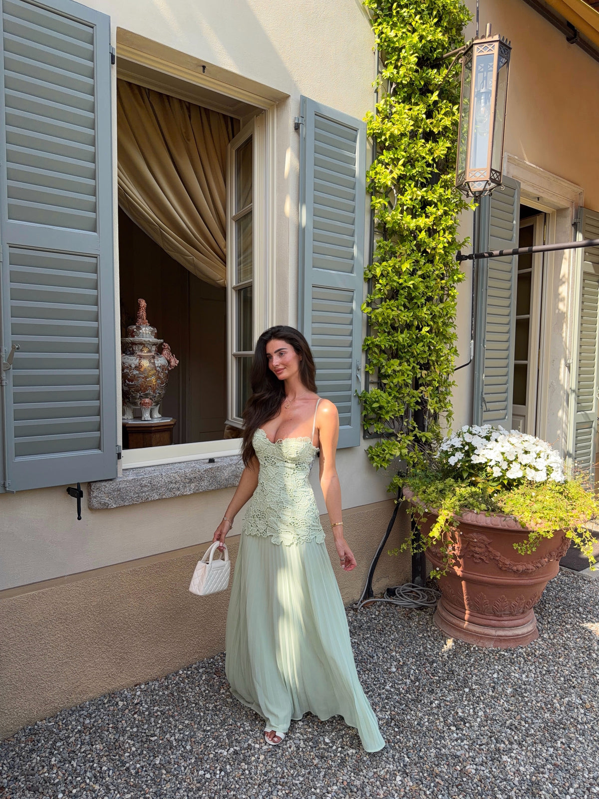 Lace Bustier Pleated A Line Maxi Dress Green HV3236