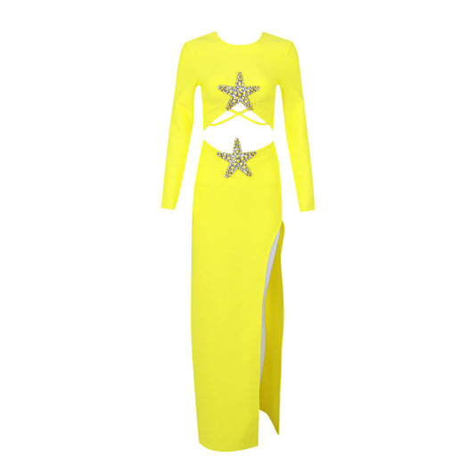 Long Sleeve Star Detail Two Piece Maxi Dress Yellow  HV9902