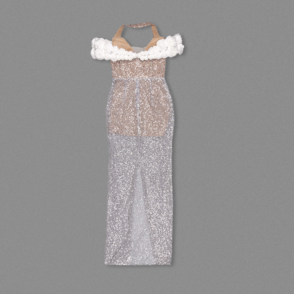 Halter Floral Bardot Sequin Maxi Dress Silver HV1760