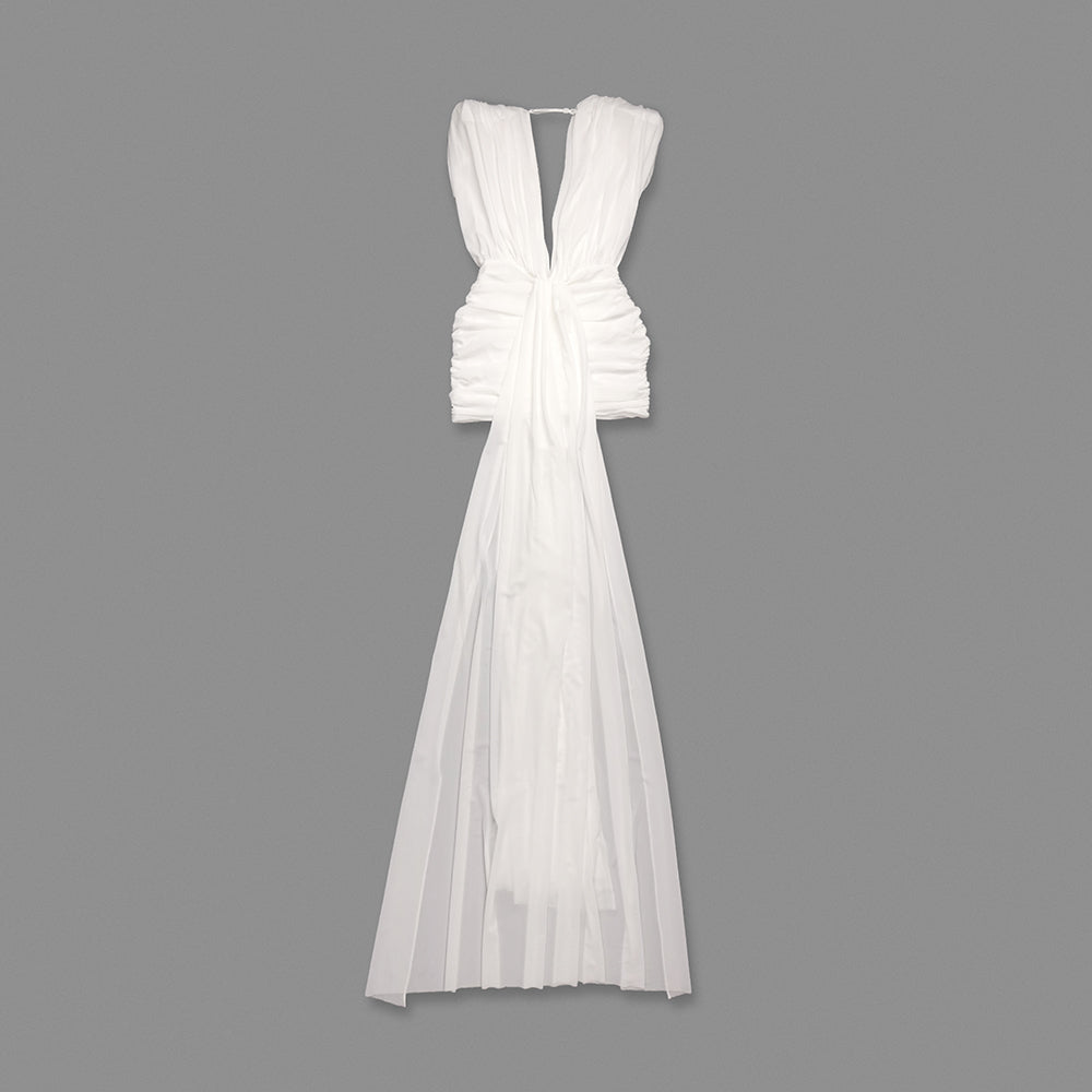 Plunge V Neck Draped Dress White HV0074