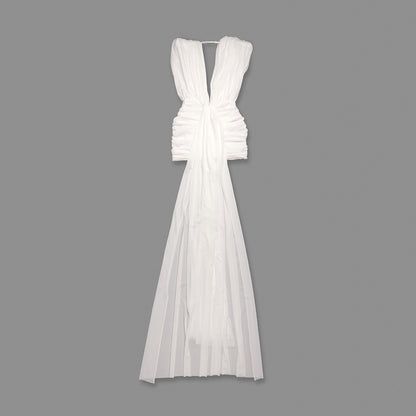 Plunge V Neck Draped Dress White HV0074