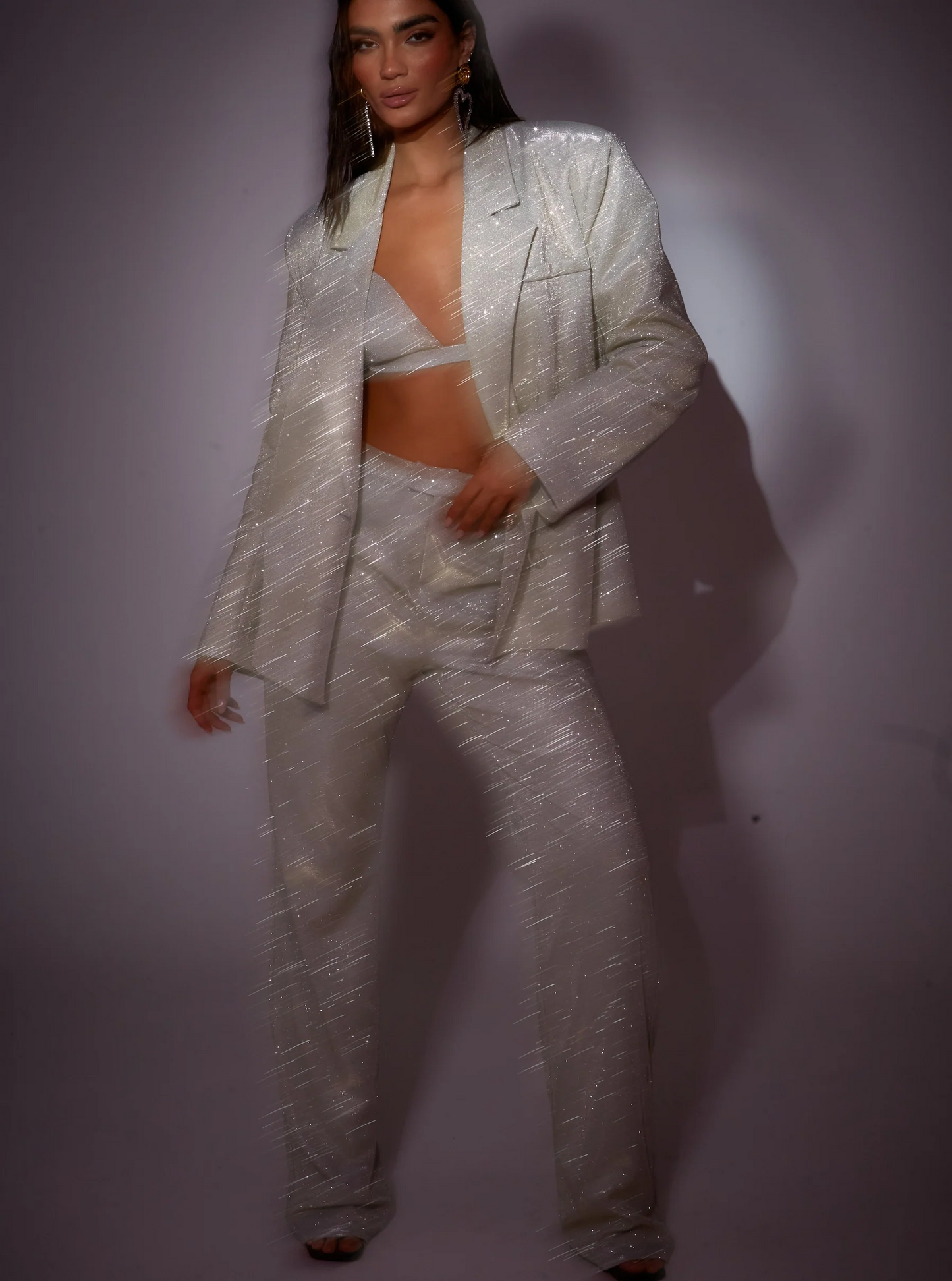 Sparkly Long Sleeve Three Piece Suit Silver HV9543