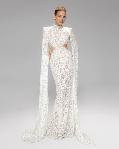 Cape Sleeve Crystal Lace Maxi Dress White HV0038