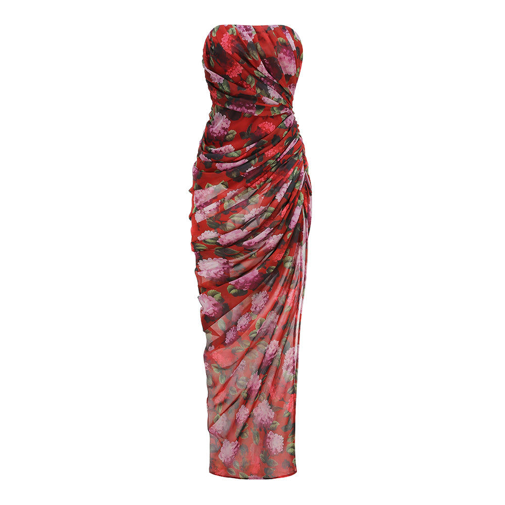 Strapless Draped Floral Maxi Dress Red HV3174