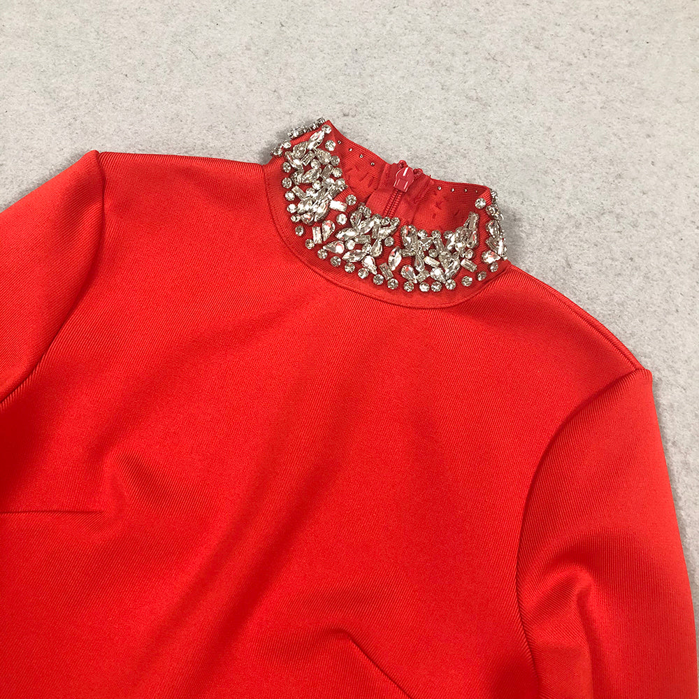 Long Sleeve Crystal Detail Midi Dress Red  HV1687