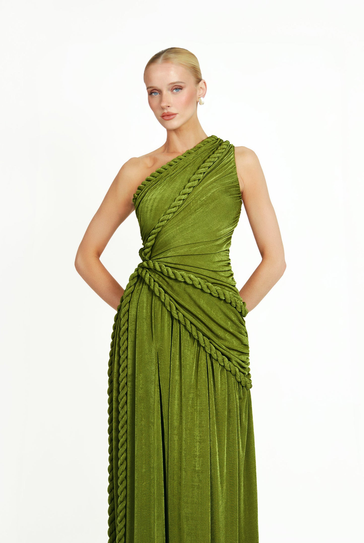 One Shoulder Maxi Velvet Dress Green HV2761