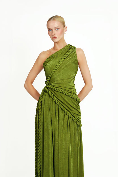 One Shoulder Maxi Velvet Dress Green HV2761