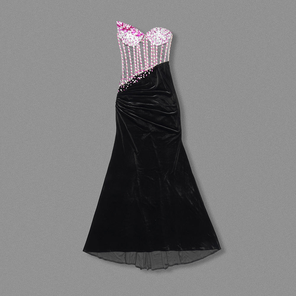 Strapless Crystal Corset Maxi Velvet Dress Hot Pink Black HV2064