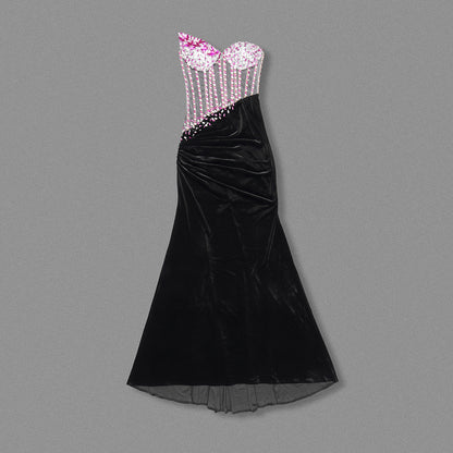 Strapless Crystal Corset Maxi Velvet Dress Hot Pink Black HV2064