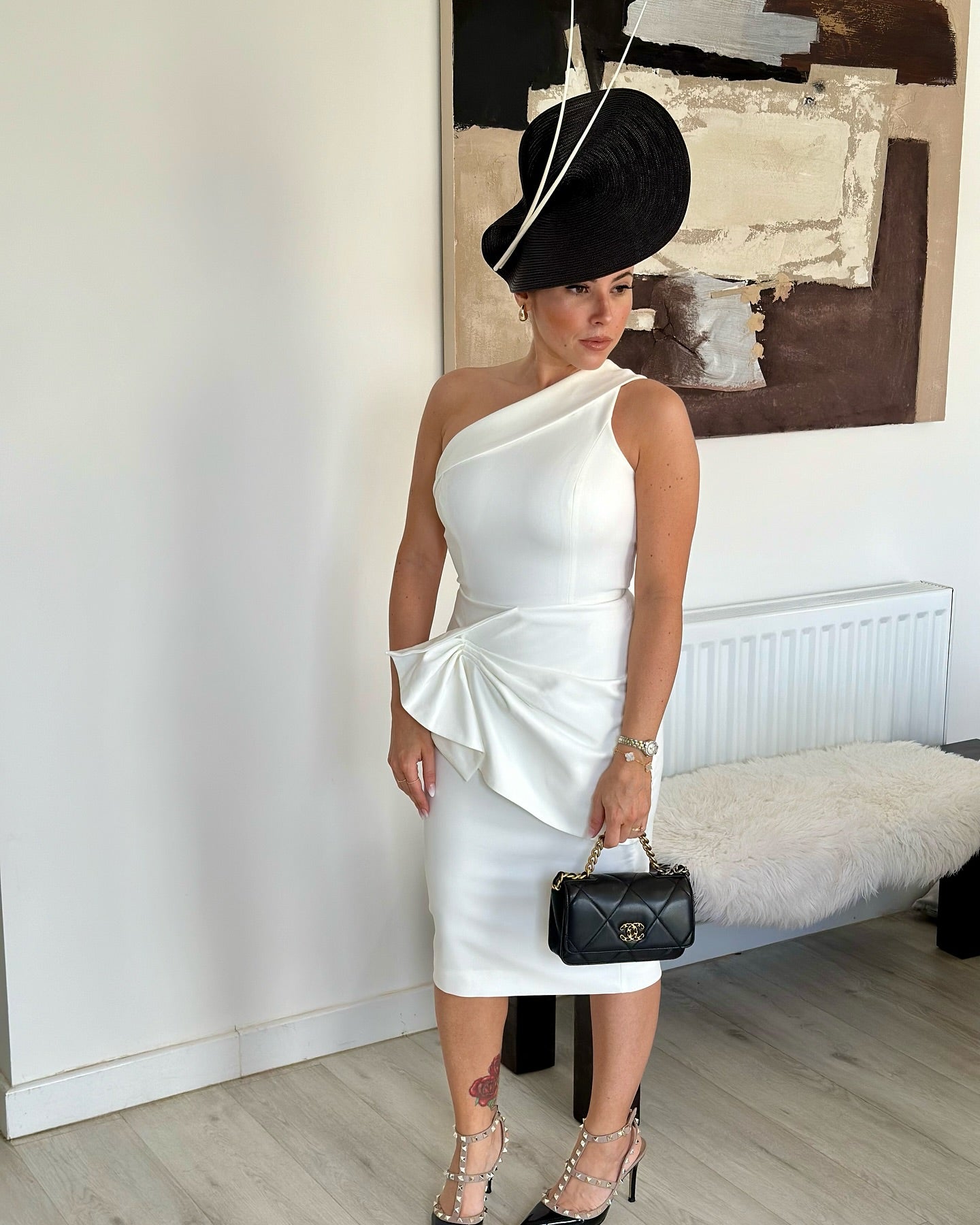 One Shoulder Draped Midi Dress White HV0003