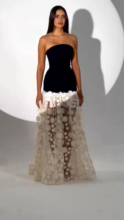 Strapless A Line Maxi Dress Black Ivory HV2067