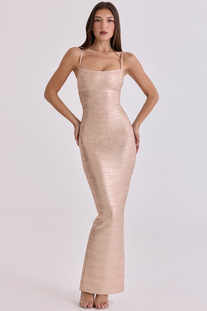 Woodgrain Foil Print Maxi Dress Gold HV2942