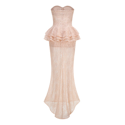 Strapless Nude Peplum Maxi Dress Nude Pink HV3201