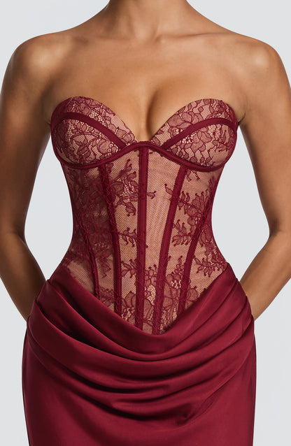 Strapless Lace Bustier Maxi Dress Burgundy HV3153