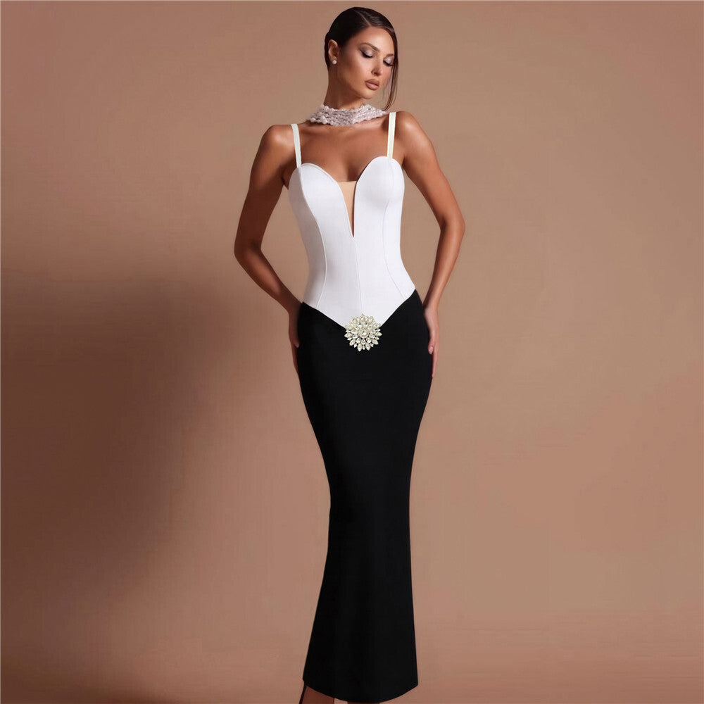 Crystal Floral Detail Maxi Dress Black White HV2352