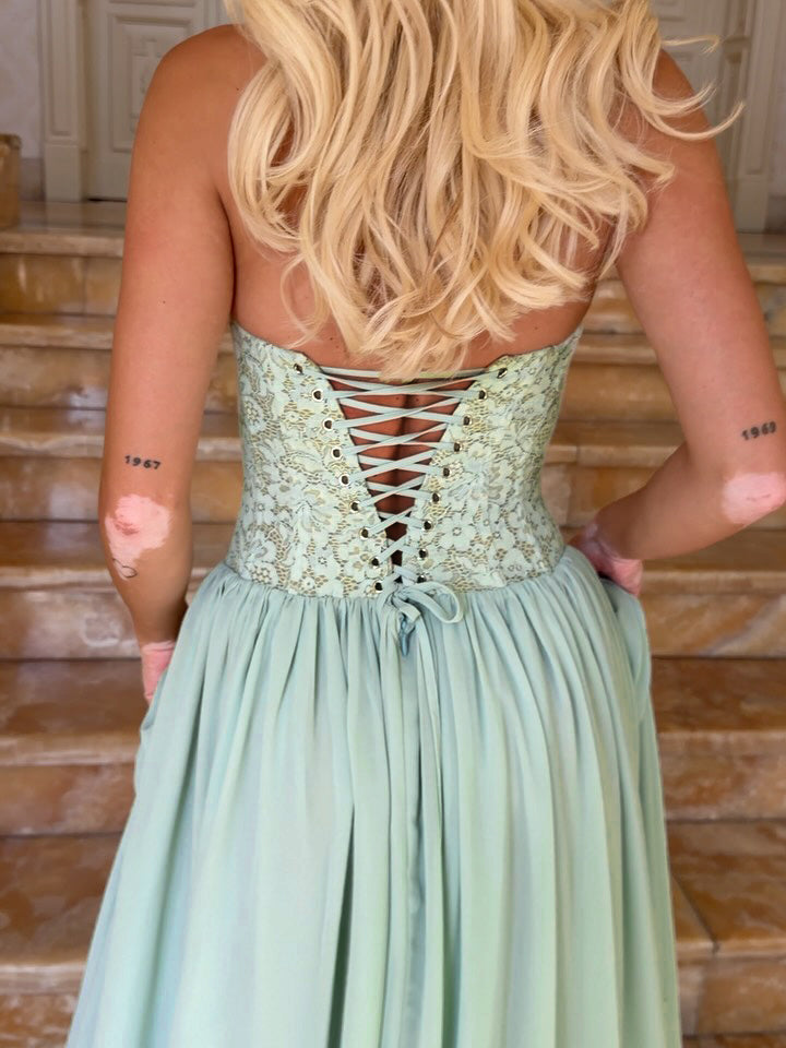 Halter Lace Corset A Line Maxi Dress HV0149