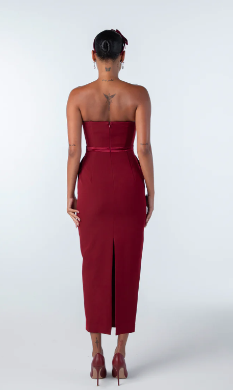 Strapless Bow Detail Midi Dress Red