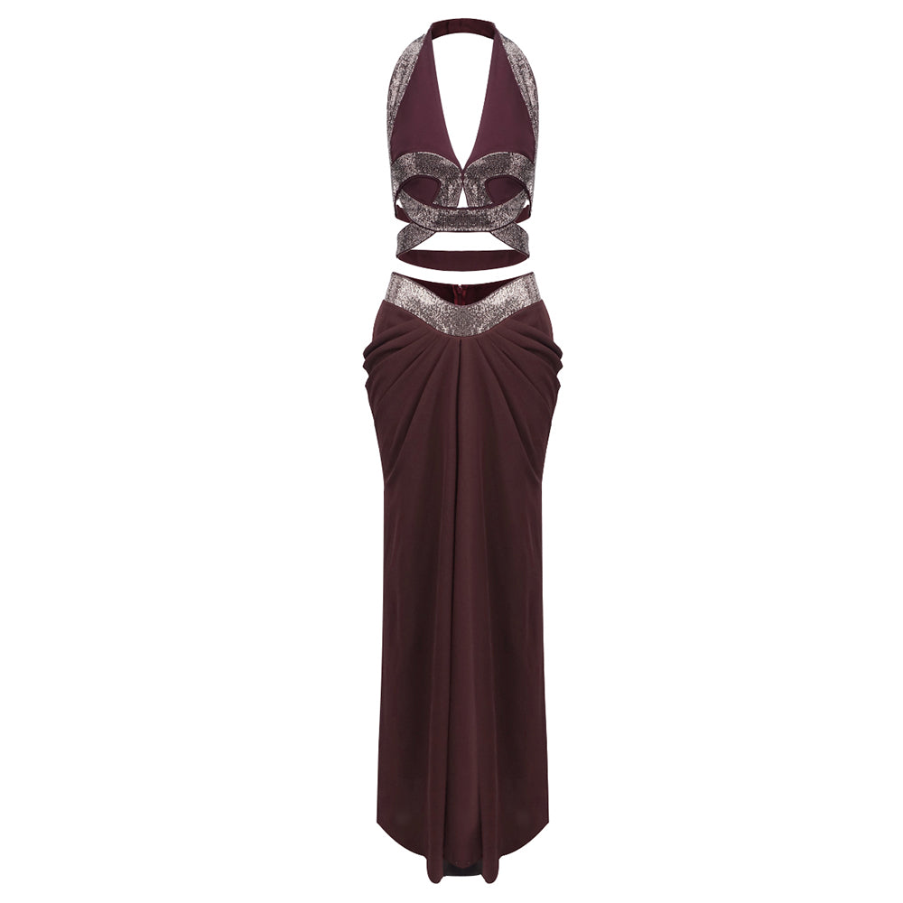 Halter Draped Two Piece Maxi Dress Brown Burgundy HV0072