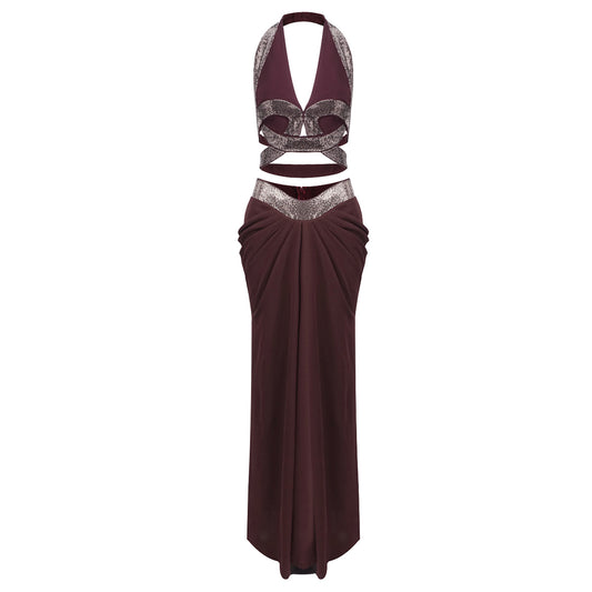 Halter Draped Two Piece Maxi Dress Brown Burgundy HV0072
