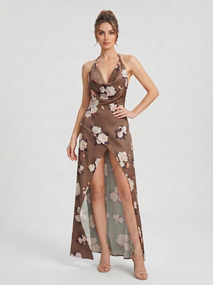 Halter Floral Maxi Dress Brown HV3086