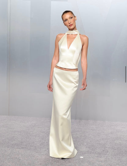 Halter Scarf Two Piece Maxi Dress Ivory HV0109