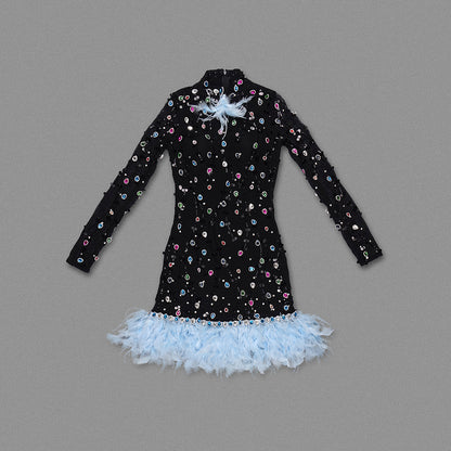 Long Sleeve Embellished Feather Dress Black Blue HV1552