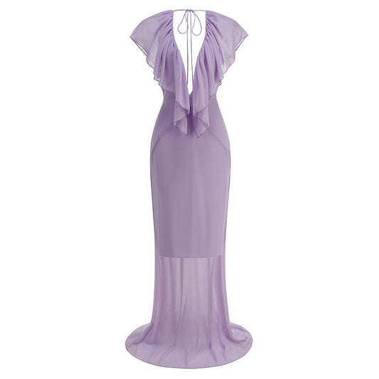 Ruffle Plunging Neck Maxi Dress Lavender HV2919