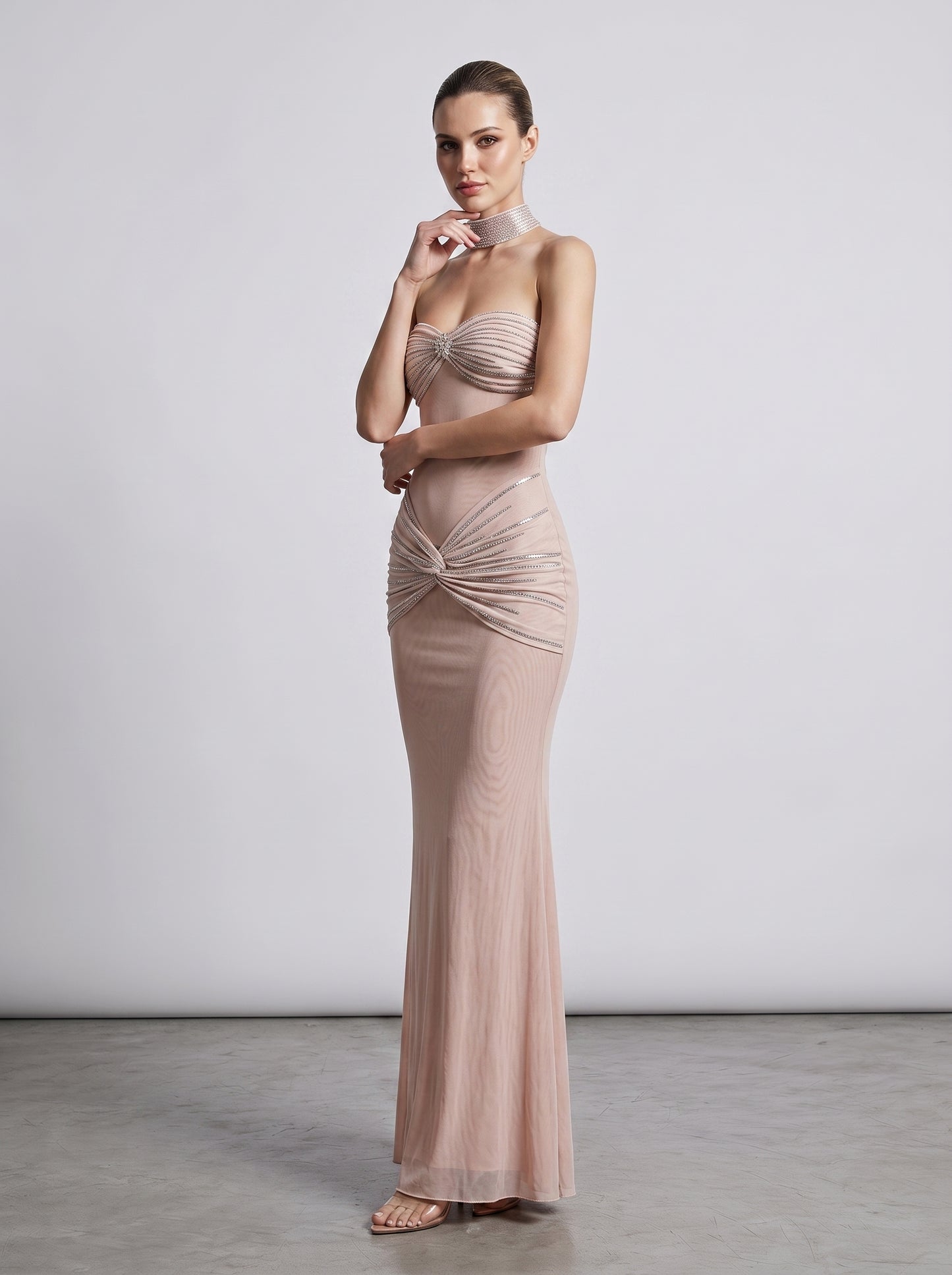 Strapless Crystal Draped Maxi Dress Nude HV3176