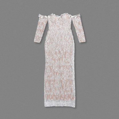 Long Sleeve Bardot Maxi Dress Nude HV2134