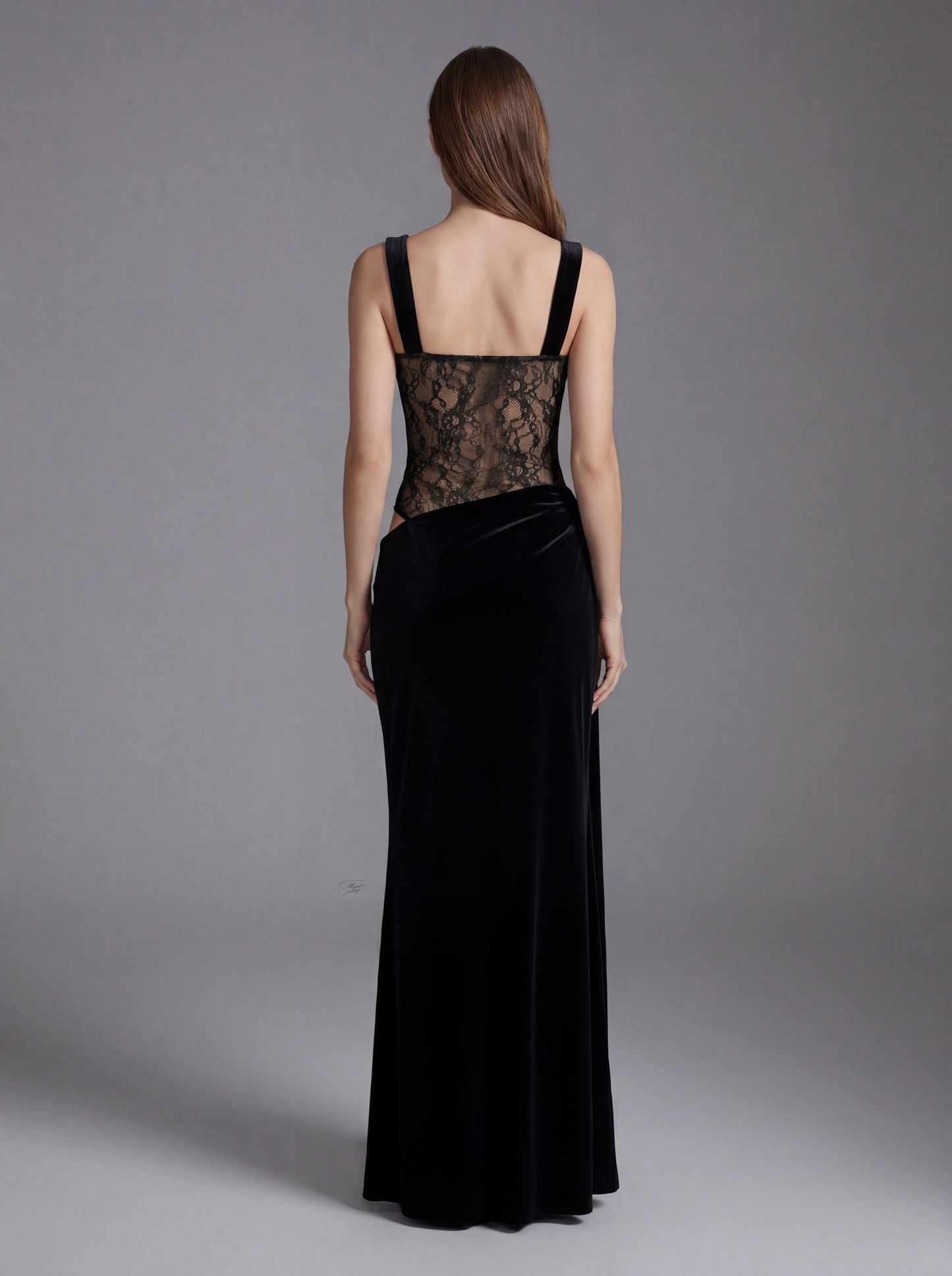 Lace Bustier Draped Maxi Velvet Dress Black HV2918