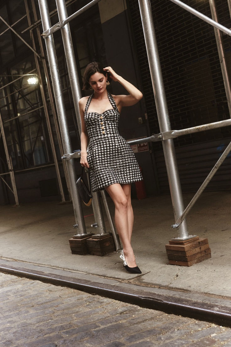 Halter Houndstooth Dress Black White HV2807