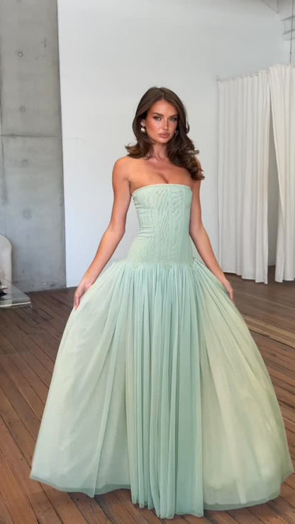 Strapless A Line Maxi Dress Green HV0086
