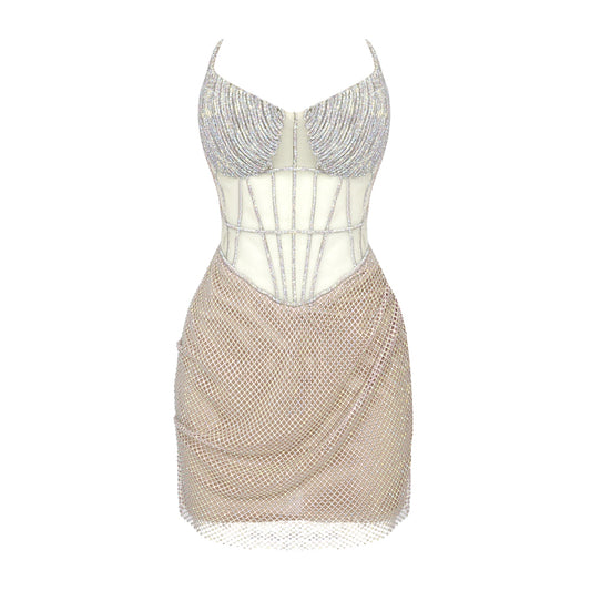 Strapless Crystal Bustier Draped Dress Nude  HV9680