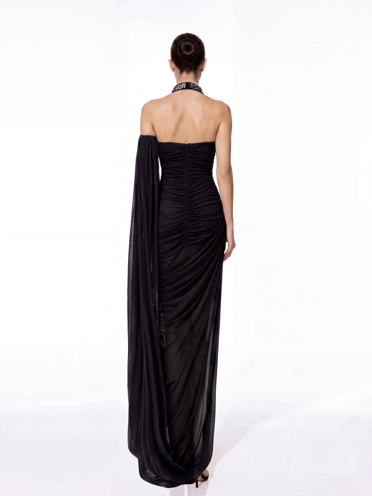 Halter Crystal Feather Draped Mesh Maxi Dress Black HV3081