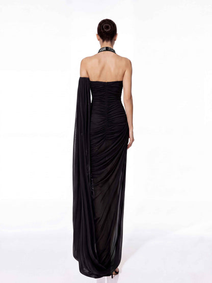 Halter Crystal Feather Draped Mesh Maxi Dress Black HV3081