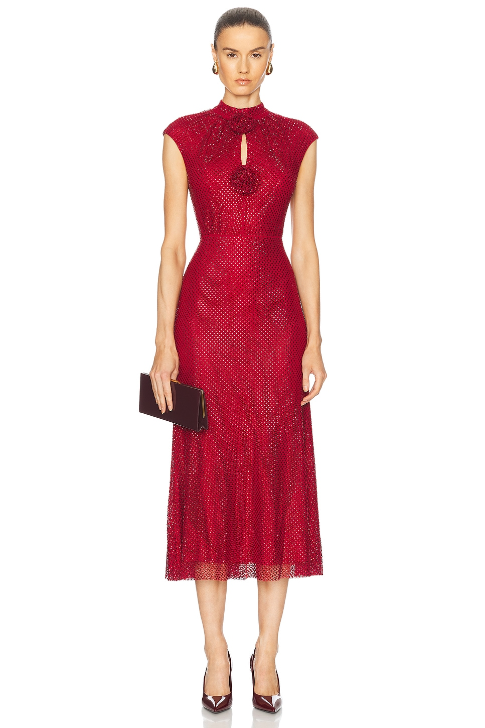 Floral Detail Sparkly Midi Dress Red HV2213