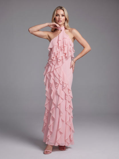 Halter Ruffle Detail Maxi Dress Pink HV3178