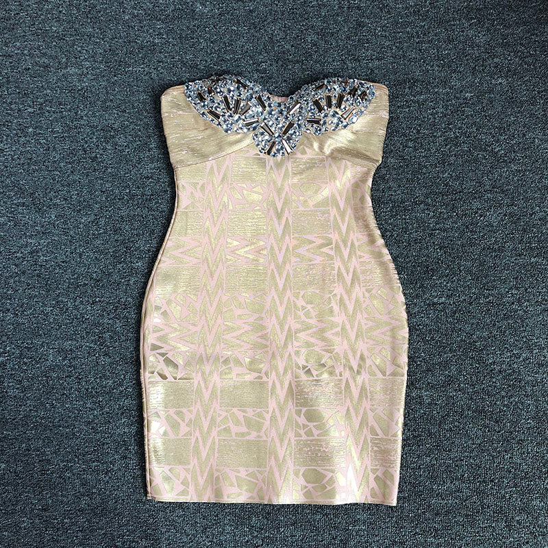 Strapless Crystal Woodgrain Foil Print Dress Gold HV1663