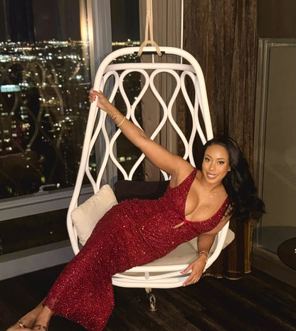 Embellished Plunge V Neck Maxi Dress Burgundy HV2788